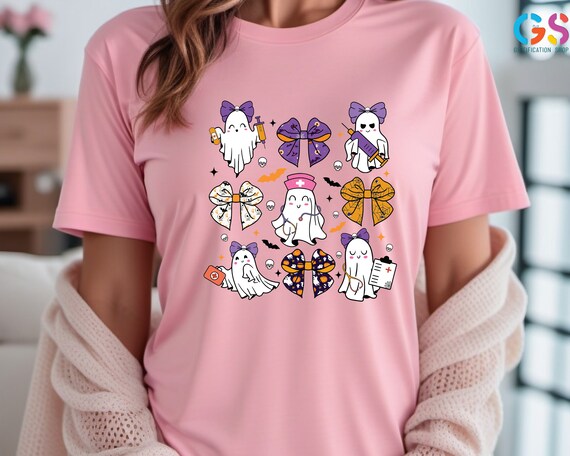Coquette Ghosts Nurse T-Shirt, Halloween Nurse Shirt, Girly Nurse Tee, Halloween Gift For Nurses, Cute Nurse Shirt, Coquette Bow Nurse Tee