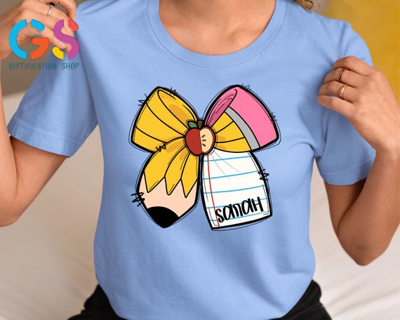 Personalized Teacher Coquette Bows Shirt, Teacher Appreciation Tee, Crayon Bow Shirt, Teacher Gift,Back To School, Teacher Shirt, School Tee