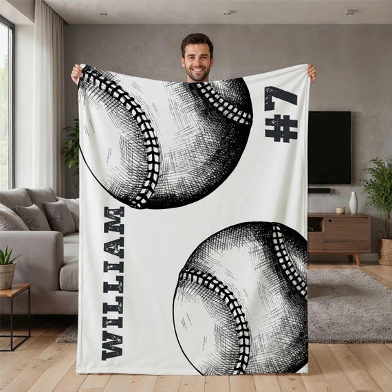 Custom Baseball Blanket with Name Number, Sports Fan Sherpa Minky Throw
