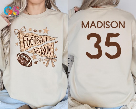Custom Name and Number Football Season Sweatshirt, Coquette Pennant Flag Touchdown Tee, Game Day Gift, Sports Mom
