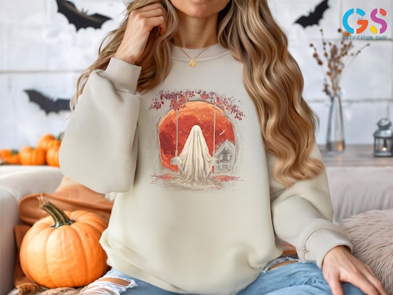Retro Ghost and Red Moon Sweatshirt, Spooky Halloween Sweater, Gothic Fall Apparel