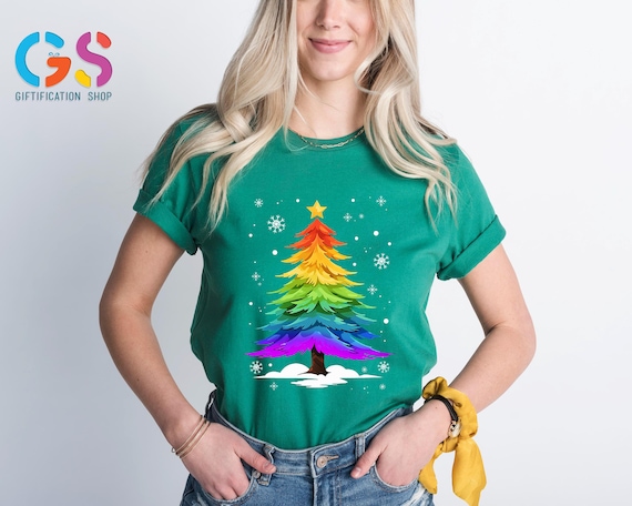 LGBTQ Pride Flag Christmas Tree T-shirt, Rainbow Queer Tee, Funny Equal Right Shirt, Ally Xmas Gift