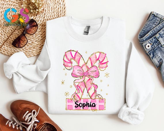 Custom Name Candy Bow Sweatshirt, Personalized Christmas Toddler Top, Holiday Gift, Pink White Stripe Lover Sweater