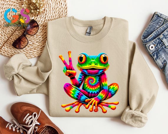 Tie-Dye Peace Frog Sweatshirt, Peace Supporter Hoodie, Psychedelic Frog Sweater, Funny Sweater, Hippie Sweatshirt
