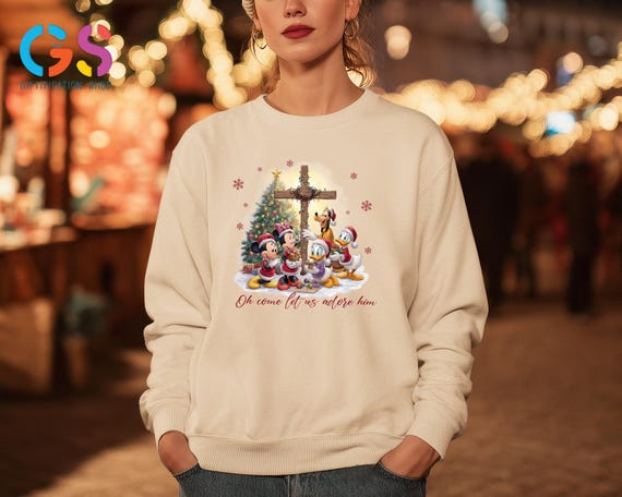 Oh Come Let Us Adore Him Sweatshirt, Disney Mickey And Friends Christmas Jesus Sweater, Christian Holiday Faith Top