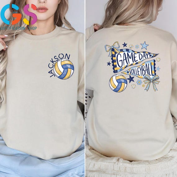 Custom Name Game Day Volleyball Sweatshirt, Pennant Flag Coquette Bow Fall Sports Mom Tee