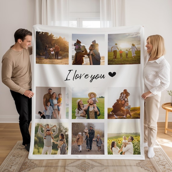 Custom Photo Blanket Collage, Picture Sherpa Blanket With Text, Personalized Family Memorial Keepsake Throw, I Love You