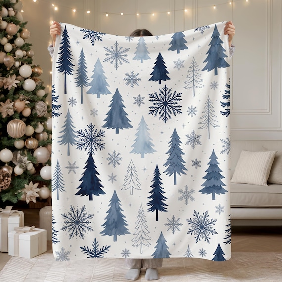 Blue Snowflake Woodland Trees Christmas Sherpa Fleece Minky Blanket, Cozy Winter Throw