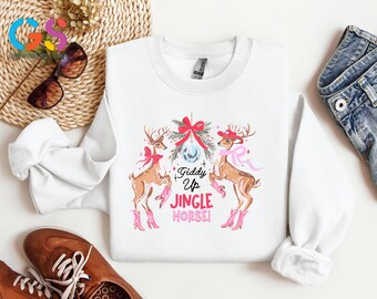 Cowgirl Christmas Sweatshirt, Giddy Up Jingle Horse Tshirt, Western Holiday Hoodie, Pink Boots Disco Ball Tee