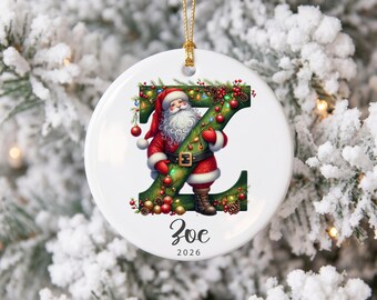 Custom Santa Initial Ceramic Ornament, Christmas Tree Holiday Decor for Kids, Personalized Name Family Gift