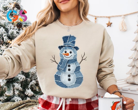 Trendy Snowman Sweatshirt, Winter Sweater, Denim Clothing Snowman, Christmas Hoodie, Funny Winter Gift, Holiday Sweatshirt