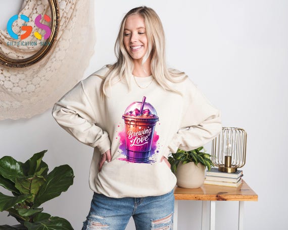 Brewing Love Valentine Day Sweatshirt, Coffee Lover Sweater With Pink And Purple, Romantic Drinking Hoodie