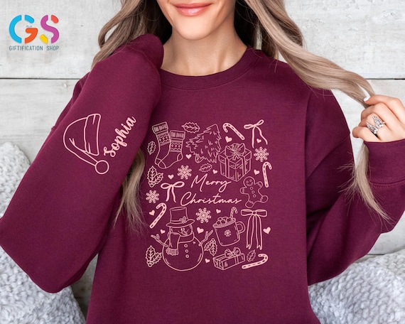 Custom Name Santa Hat Christmas Sweatshirt, Xmas Holiday Hoodie, Outline Graphic Merry Christmas Clothesing