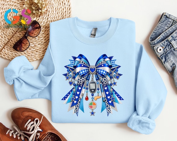 Diabetes Awareness Sweatshirt, Glucose Meter and Insulin Coquette Bow Sweater, Blue Ribbon Support Squad