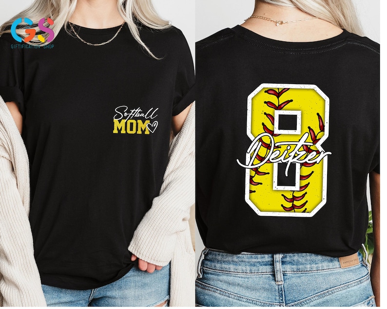 May include: Black t-shirt with the text "Softball Mom" in yellow on the front and a yellow softball with the number 8 and the name "Deitker" on the back.