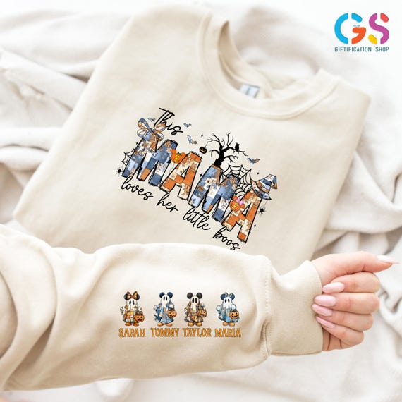 Personalized Name Kids Halloween Sweatshirt, Custom Spooky Mama Sweater with Kids Names, Spooky Denim Patch Sweater, Halloween Mama Gift