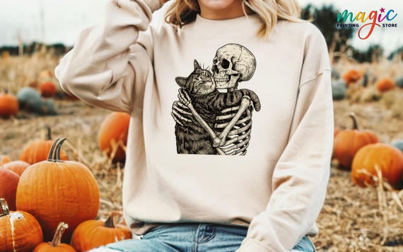 Halloween Skeleton Sweatshirt, Cat and Skeleton Halloween Sweater, Witchy Cat and Skull Hoodie, Spooky Season  Black Cat Sweatshirt