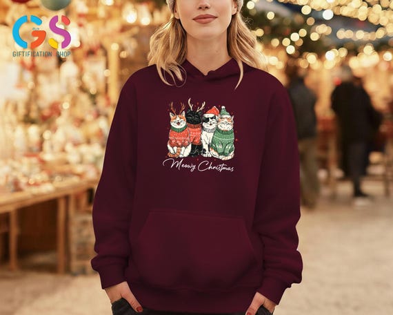Meowy Christmas Sweatshirt, Cat Xmas Sweater, Christmas Cat Mom Hoodie For Cat Lover, New Year Catmas Gift