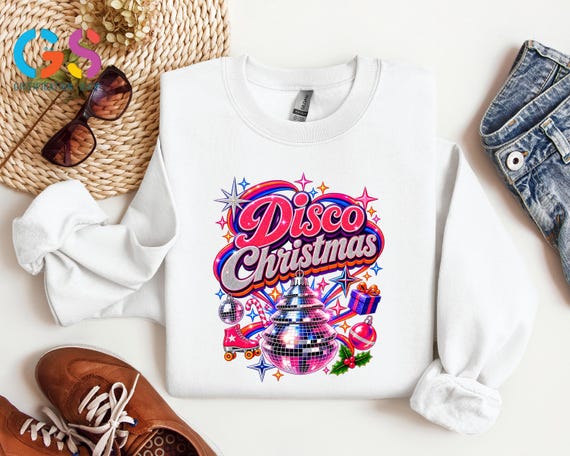 Disco Christmas Sweatshirt, Retro Disco Ball Tree Tshirt, Pink Groovy Holiday Tee