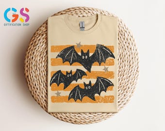 Vintage Bats Stripes Halloween T-Shirt, Spooky Season Fall Apparel