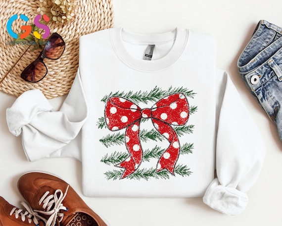 Christmas Coquette Sweatshirt, Red Polka Dot Bow Shirt, Vintage Holiday Tee, Christmas Gift for Her