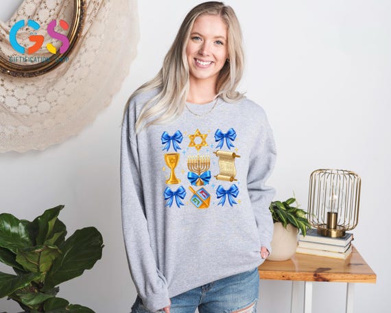 Hanukkah Coquette Bow Sweatshirt, Jewish Sweater, Happy Chanukah Sweater, Menorah Hoodie, Holiday Gift