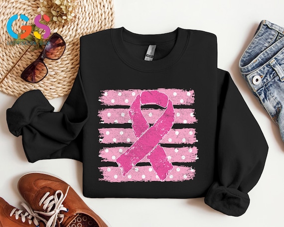 Breast Cancer Pink Ribbon Polka Dot Stripes Sweatshirt, Positive Support Tee, Awareness Month Tee