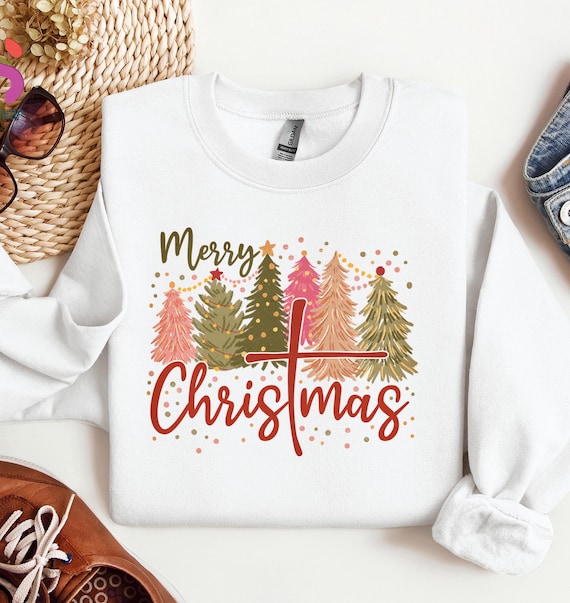 Merry Christmas With Cross Sweater, Merry Christmas Christian Sweatshirt, Christmas Cross Sweater, Christmas Tree Hoodie, Retro Christmas