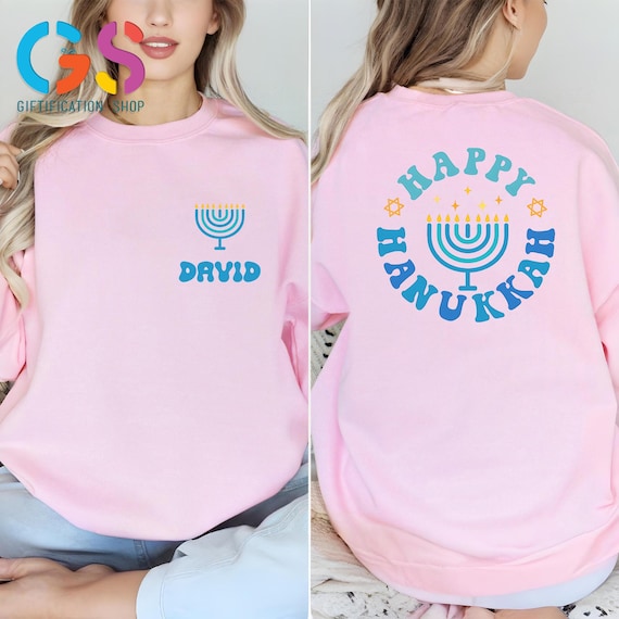 Custom Name Happy Hanukkah Sweatshirt, Jewish Holiday Sweater, Candle Light Hoodie, Religious Menorah Gift