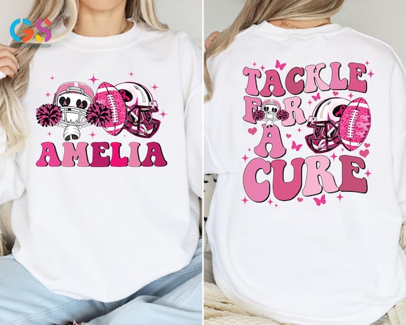 Custom Name Cancer Awareness Sweatshirt,Tackle For A Cure Breast Cancer Sweater,Pink Ribbon Football Sweatshirt,Football Cancer Support Gift