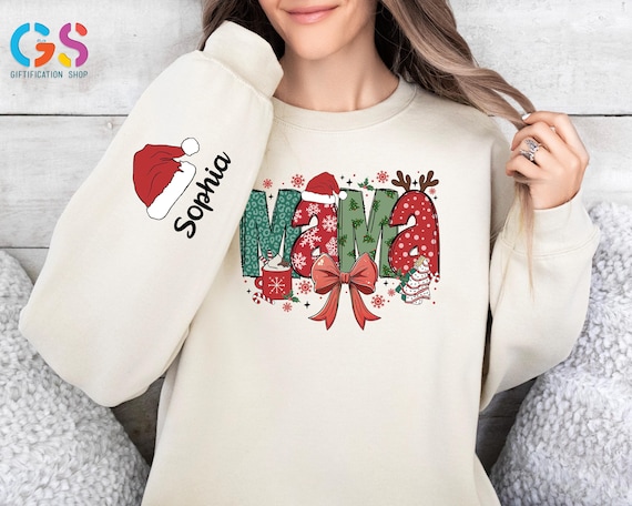 Christmas Mama Coquette Sweatshirt, Christmas Mama Claus Sweater, Christmas Tree Cake with Name, Candy Cane and Santa Hot Cocoa Sweater