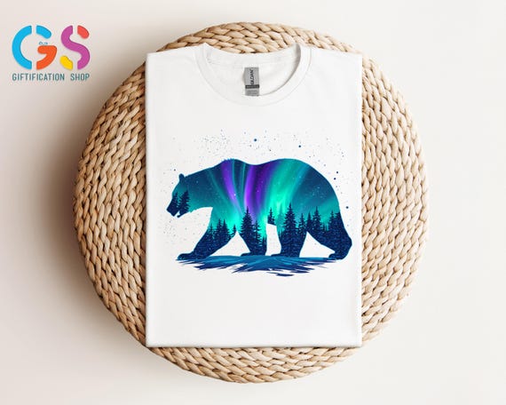 Aurora Bear T-Shirt, Northern Lights Forest Shirt, Wild Life Shirt, Wild Nature Shirt, Forest and Mountain Shirt, Adventure Shirt, Camp Tee