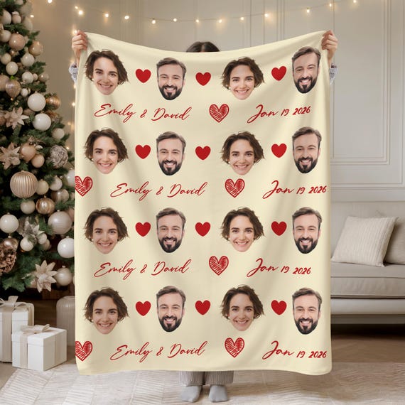 Custom Photo Face Blanket with Hearts, Personalized Name Family Picture Gift, Birthday Wedding Couple Keepsake