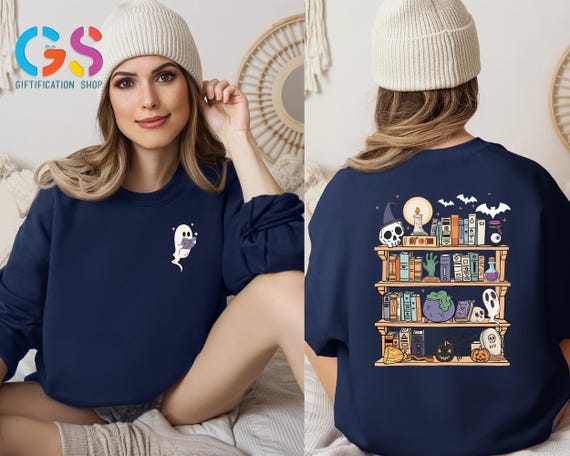 Halloween Library Sweatshirt, Ghost Reading Books Sweatshirt, Halloween Teacher Sweatshirt, Book Lover Gift