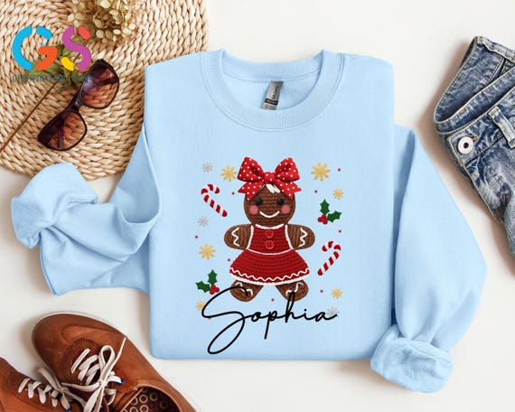 Custom Name Gingerbread Christmas Sweatshirt, Merry Xmas Winter Kid Sweater