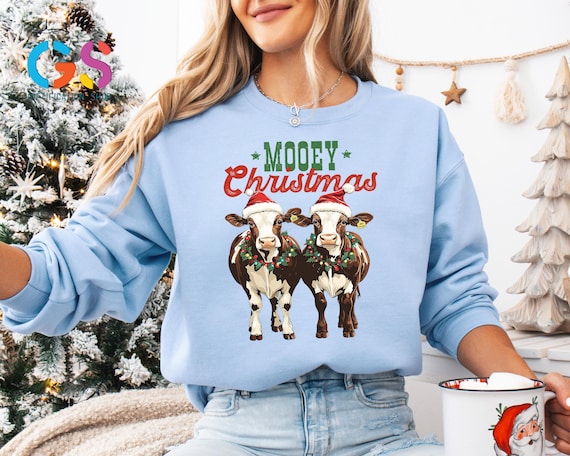 Mooey Christmas Sweatshirt, Highland Cow Xmas Hoodie, Merry New Year Gift, Farm Lover Sweater, Country Clothing
