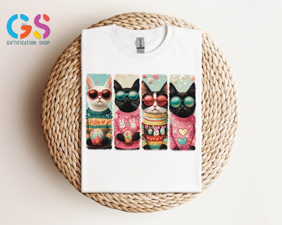 Retro Easter Cat Coquette Bow Shirt, Cute Easter Cat Shirt, Easter Shirt,Cat Lover Tee, Bunny Cat Shirt, Easter Eggs Tee, Watercolor Cat Tee