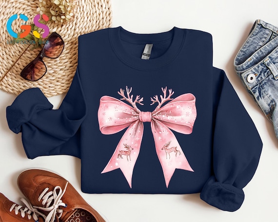 Pink Reindeer Bow Sweatshirt, Christmas Coquette Reindeer Sweater,  Retro Christmas Hoodie, Girly Christmas Crewneck, Girly Christmas Hoodie