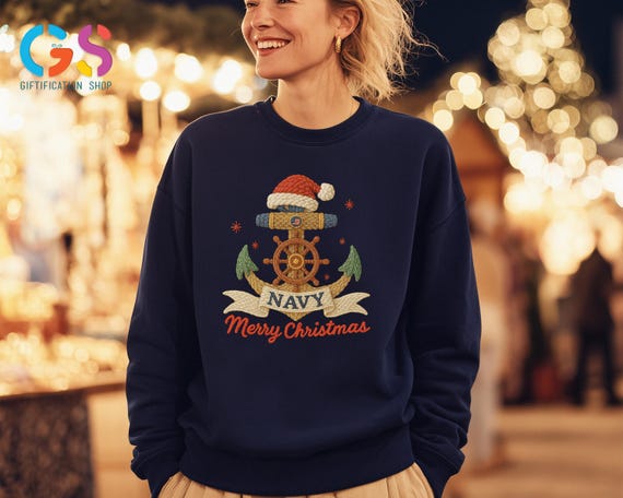 Merry Christmas Navy Sweatshirt, Military Holiday Sweater, Faux Yarn America Army Gift, Patriotic USA Flag Clothing