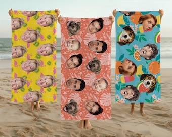 Personalized Funny Face Beach Towel, Custom Pet Kids Photo Pool Towel, Fathers Day Gift, Family Vacation Gifts