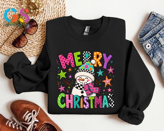 Merry Christmas Sweatshirt, Cute Snowman Tee, Colorful Retro Holiday, Checkerboard Xmas Hoodie