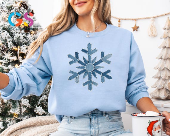 Trendy Snowflake Sweatshirt, Funny Winter Sweater, Denim Christmas Season Hoodie, Holiday Season Gift, Winter Vibes