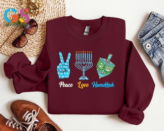 Peace Love and Hanukkah Sweatshirt, Happy Chanukah Holiday Sweater, Jewish Festival Of Light Top, Menorah Clothing