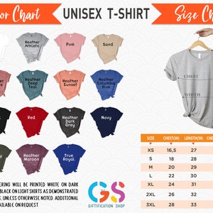 May include: Unisex t-shirt color chart with 15 different color options, including white, black, red, pink, navy, and heather colors. The chart also includes a size chart with chest, length, and chest to fit measurements in inches. The size chart includes sizes XS, S, M, L, XL, 2XL, and 3XL.
