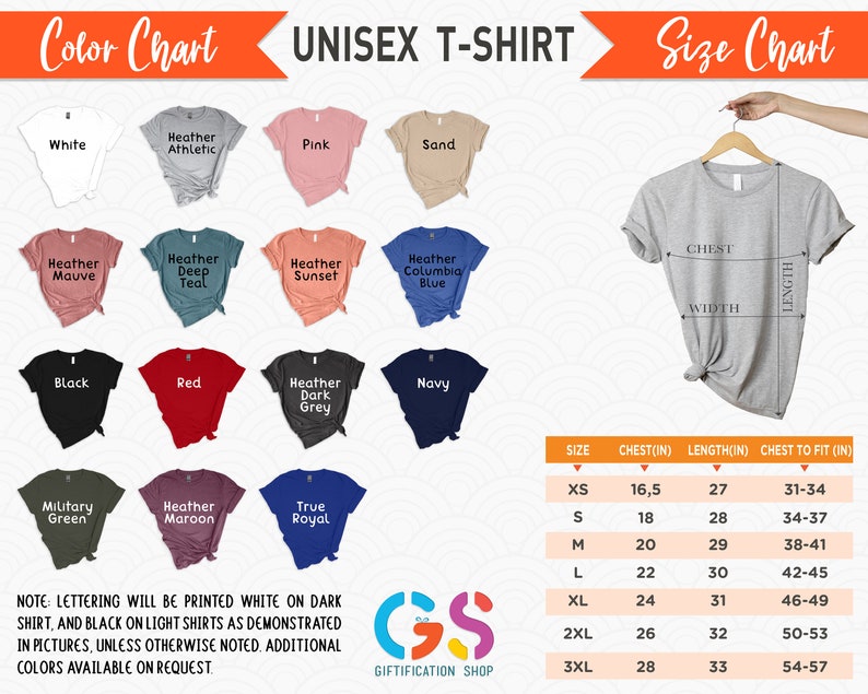 May include: Unisex t-shirt color chart with 15 different color options, including white, black, red, pink, navy, and heather colors. The chart also includes a size chart with chest, length, and chest to fit measurements in inches. The size chart includes sizes XS, S, M, L, XL, 2XL, and 3XL.