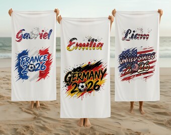 Custom Name Football Fan Beach Towel, Personalized 2026 National Team Gift, Soccer Pool Party