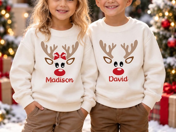 Custom Reindeer Toddler Sweatshirt, Custom Name Kids Christmas Shirt, Xmas Couple Deer Gift