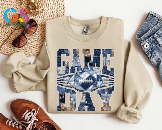 Blue Denim Patchwork Football Sweatshirt,Retro Football Game Day Sweater, Football Mama Gift,  Touchdown Season Sweatshirt