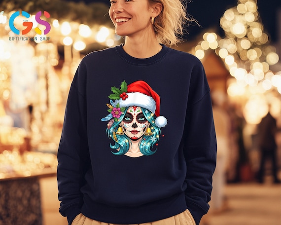 Santa Catrina Sweatshirt, Mexican Christmas Sweater, Xmas Sugar Skull Hoodie, Latino Skeleton Holiday Clothing