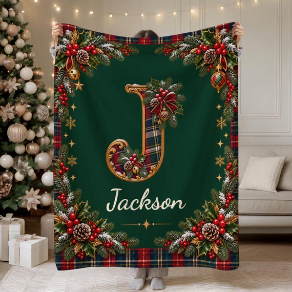 Custom Name Christmas Blanket, Personalized Initial Monogram Throw, Xmas Decoration